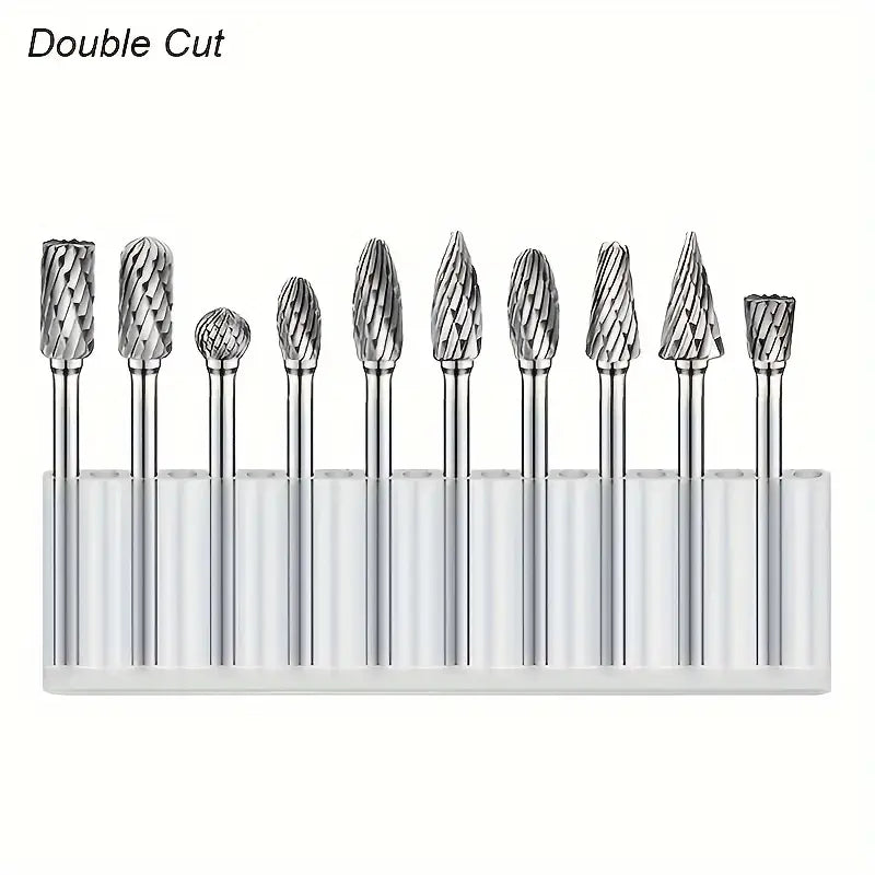JewelTech 10-piece tungsten carbide bur set with 2.35mm shank for jewelry engraving and rotary work