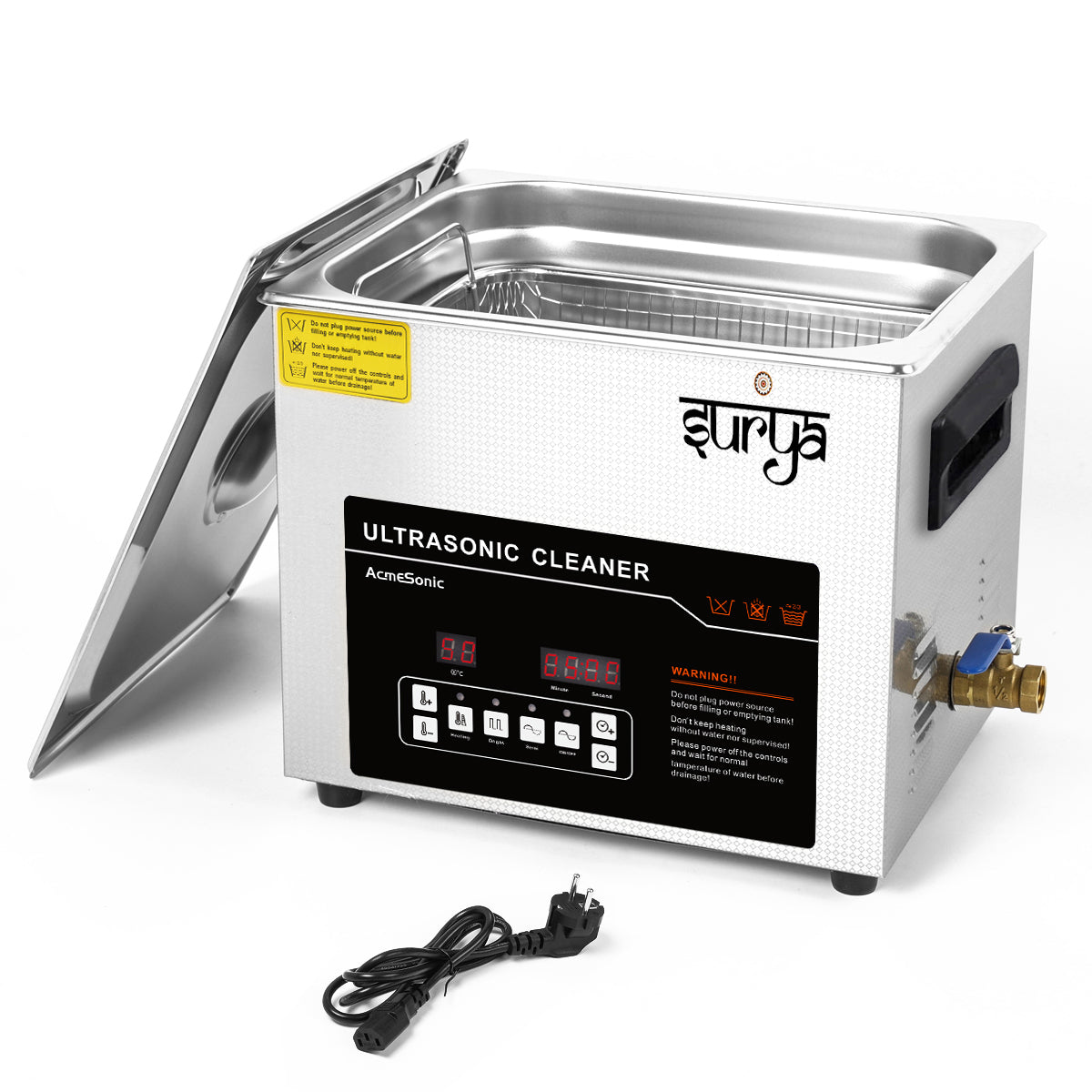 Surya 10L Ultrasonic Cleaner Machine with Digital Timer, Adjustable Heater, Degas Function & Drain Valve | Professional Jewelry, Dental, Automotive, Industrial Cleaning