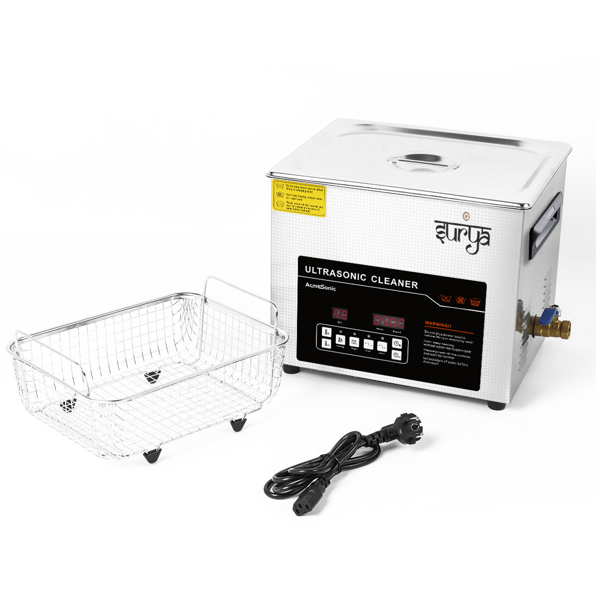 Surya 10L Ultrasonic Cleaner Machine with Digital Timer, Adjustable Heater, Degas Function & Drain Valve | Professional Jewelry, Dental, Automotive, Industrial Cleaning