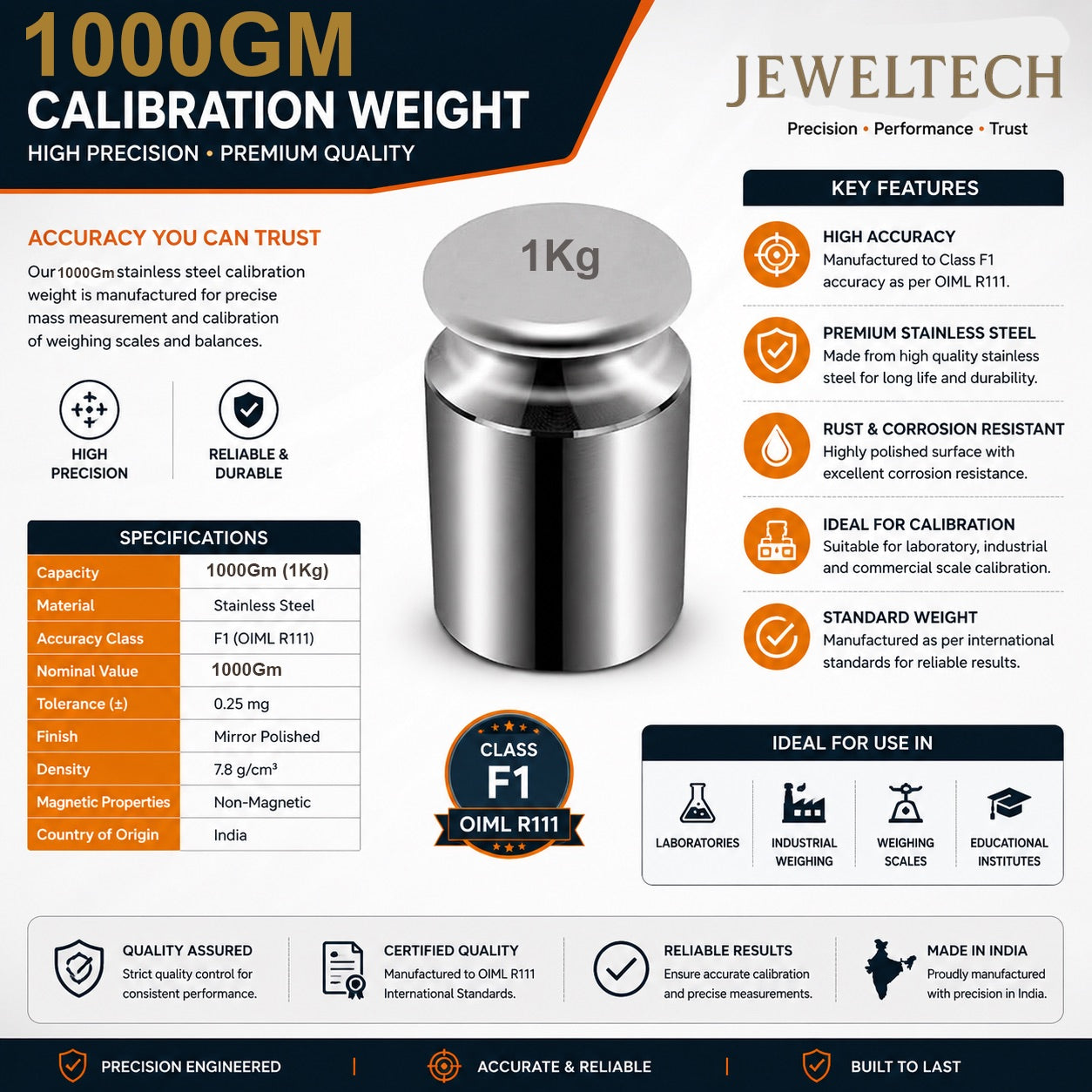 JewelTech 1Kg Stainless Steel Calibration Weight | Class F1 OIML R111 | Mirror Polished | Non-Magnetic | 1000Gm Standard Weight for Lab, Industrial & Commercial Weighing Scales