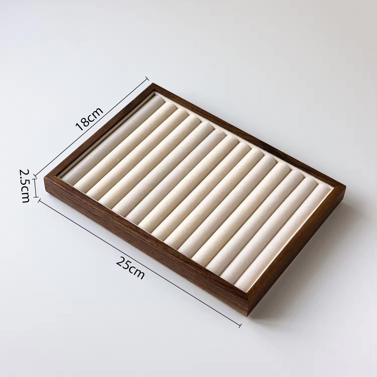 Wooden jewelry display tray with dimensions on a white background