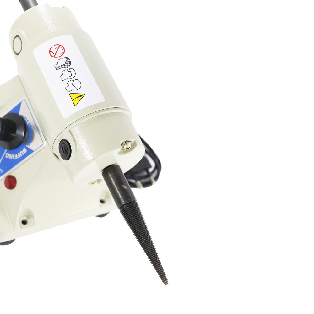 Close-up of polishing motor spindle with taper cone attachment for mounting polishing buffs securely.
