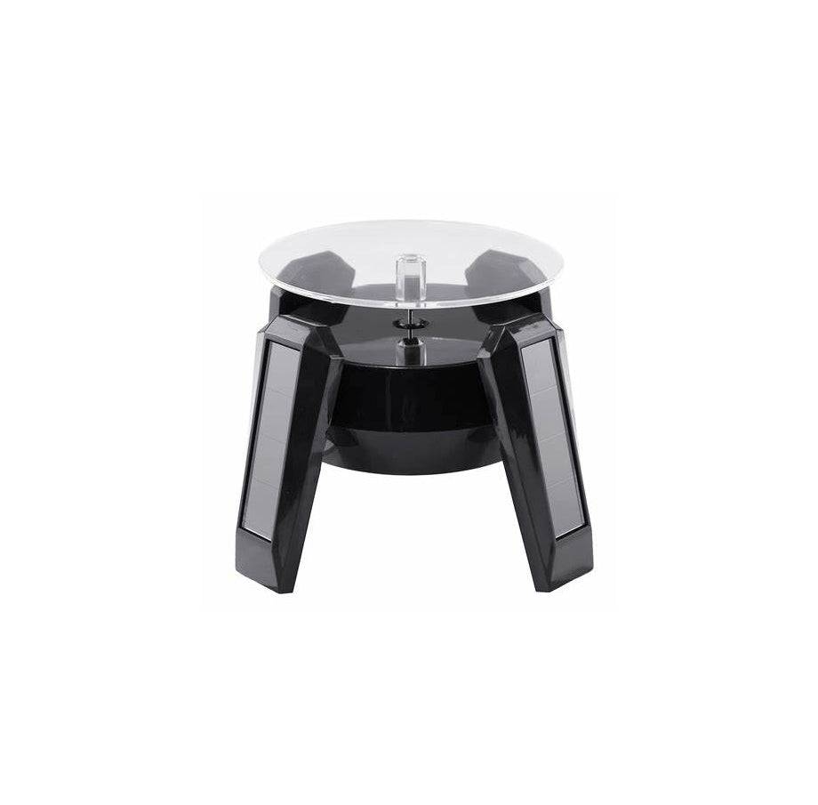 Black solar-powered rotating display stand with clear turntable for jewelry, watches, and product showcasing.