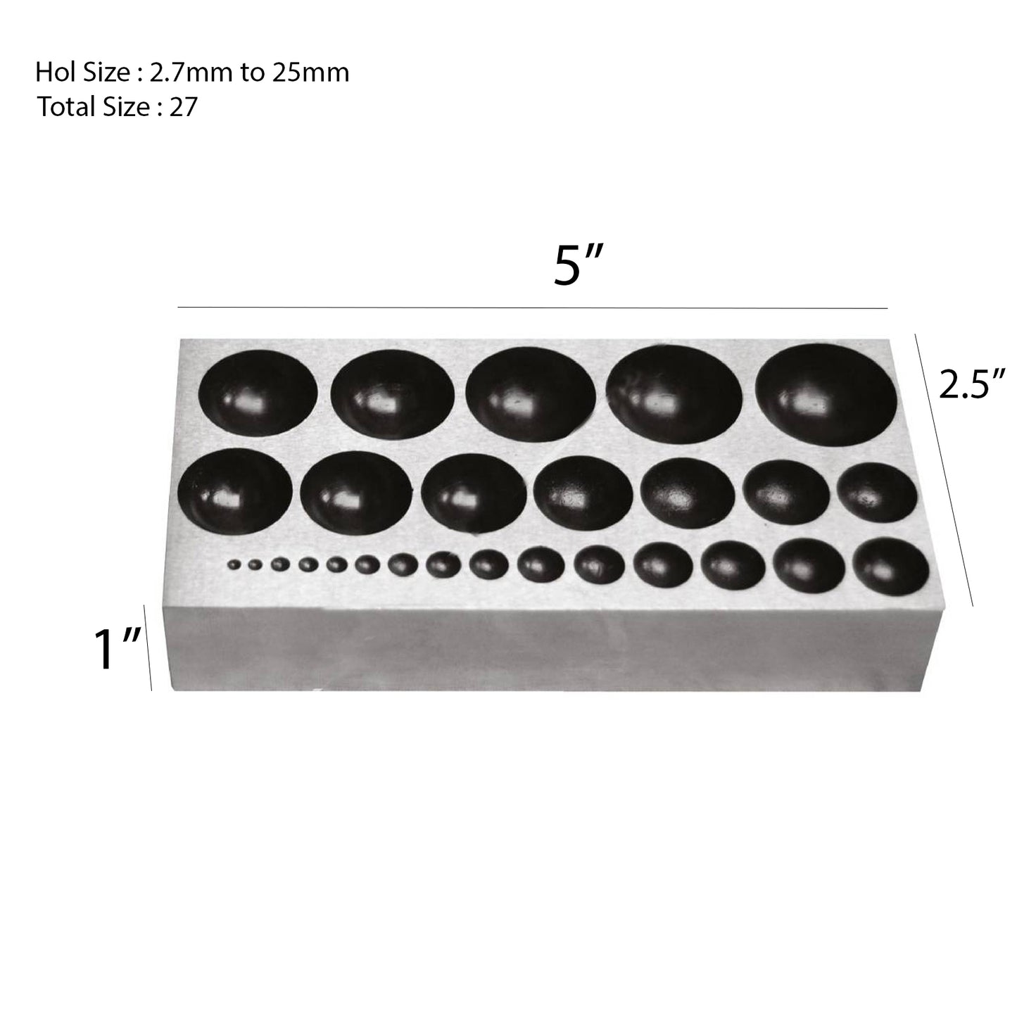 Steel doming block with 2.7mm to 25mm hole sizes, 5 x 2.5 x 1 inch dimensions for jewelry metal shaping