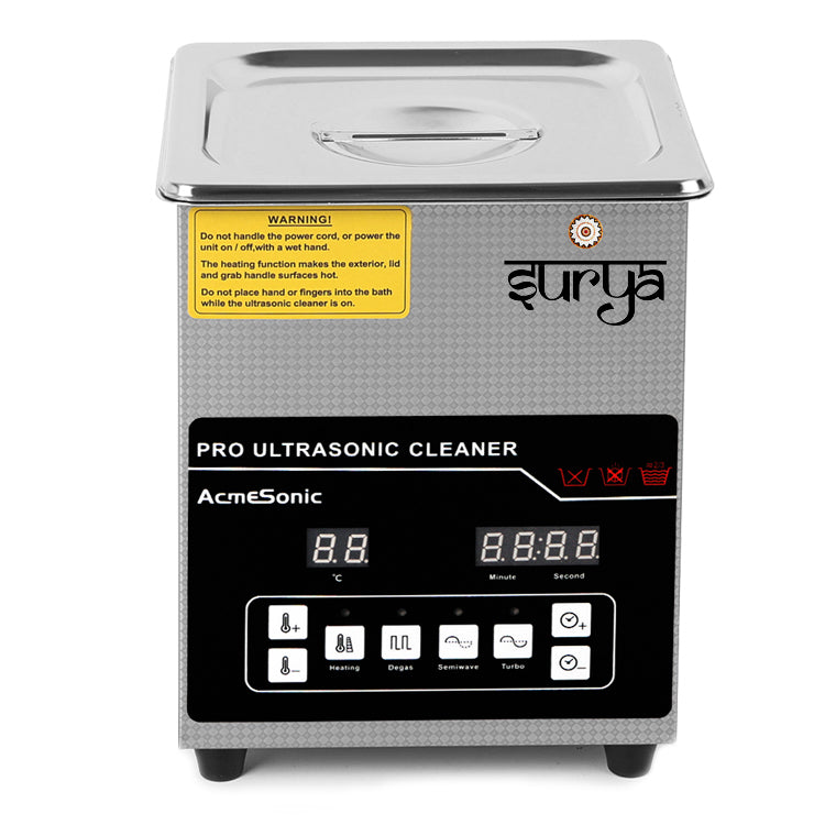 "Surya 2L ultrasonic cleaner with digital display, timer, heater for jewelry, medical, dental, PCB, and diesel parts cleaning"