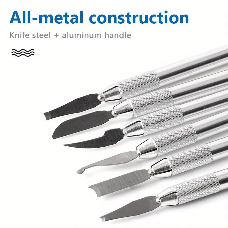 Close-up of all-metal carving knife construction with aluminum handle.