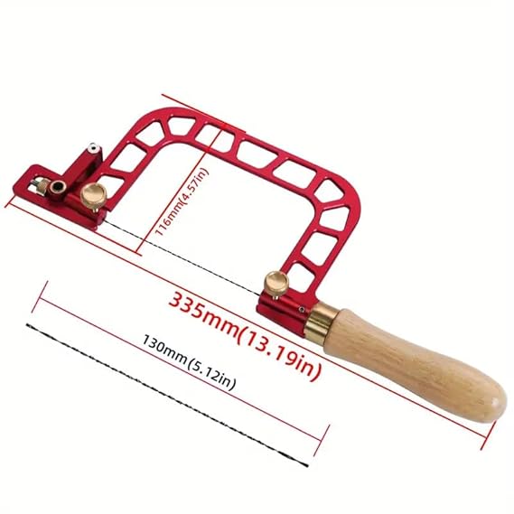 Red coping saw frame with wooden handle and blade for fine cutting