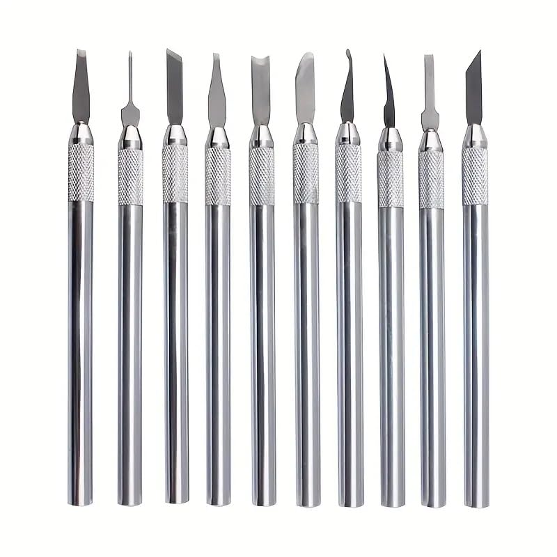 Set of 10 JEWELTECH jewelry carving knives with stainless steel blades.