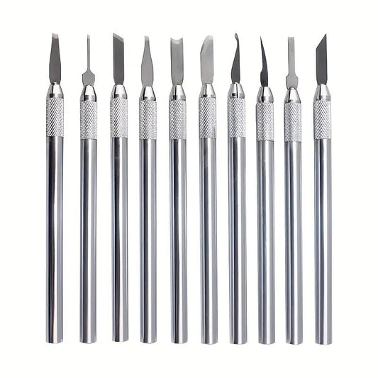 Set of 10 JEWELTECH jewelry carving knives with stainless steel blades.