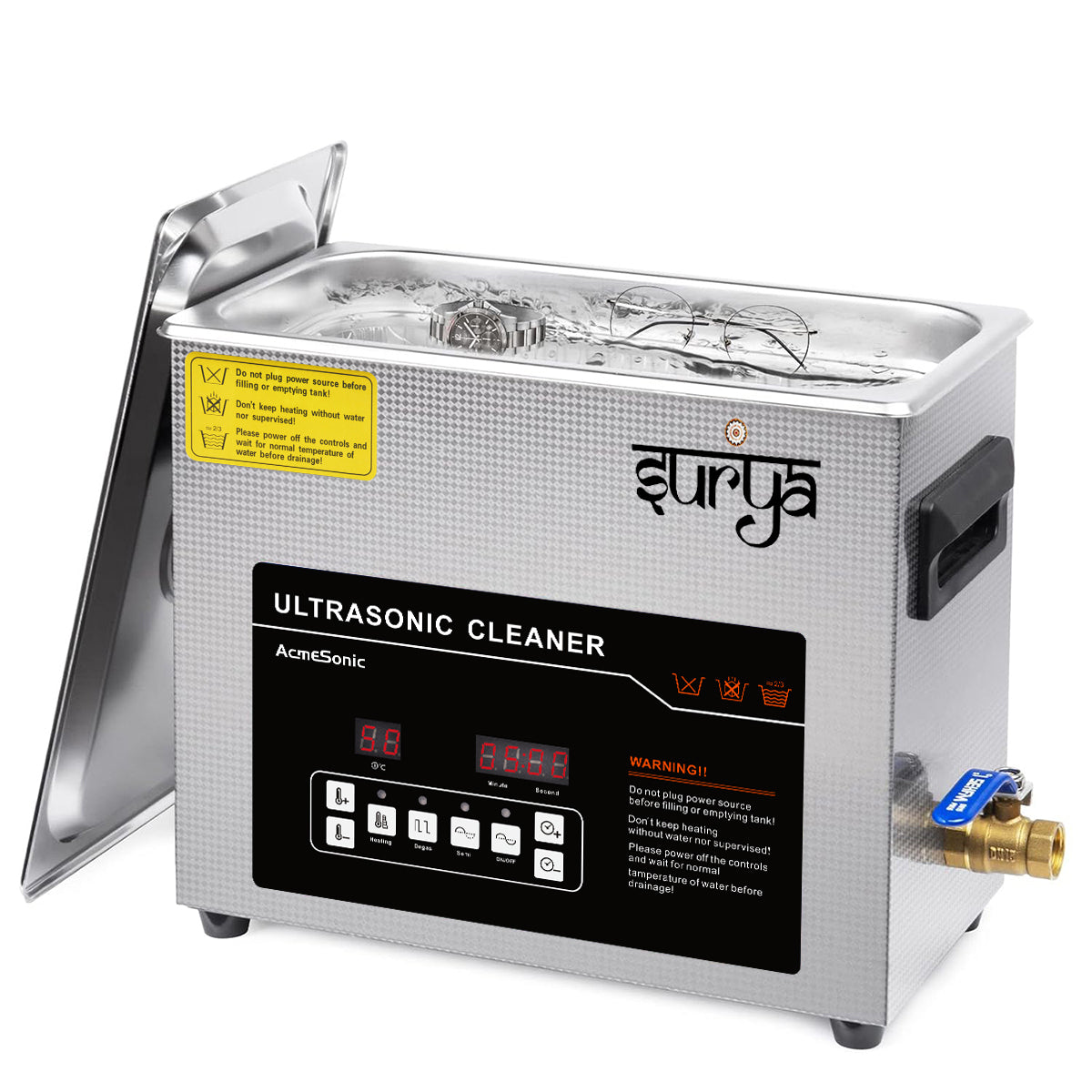 Surya 6L Ultrasonic Cleaner Machine with Digital Timer, Adjustable Heater, Degas Function & Drain Valve | Jewelry, Dental, Medical, PCB Cleaning