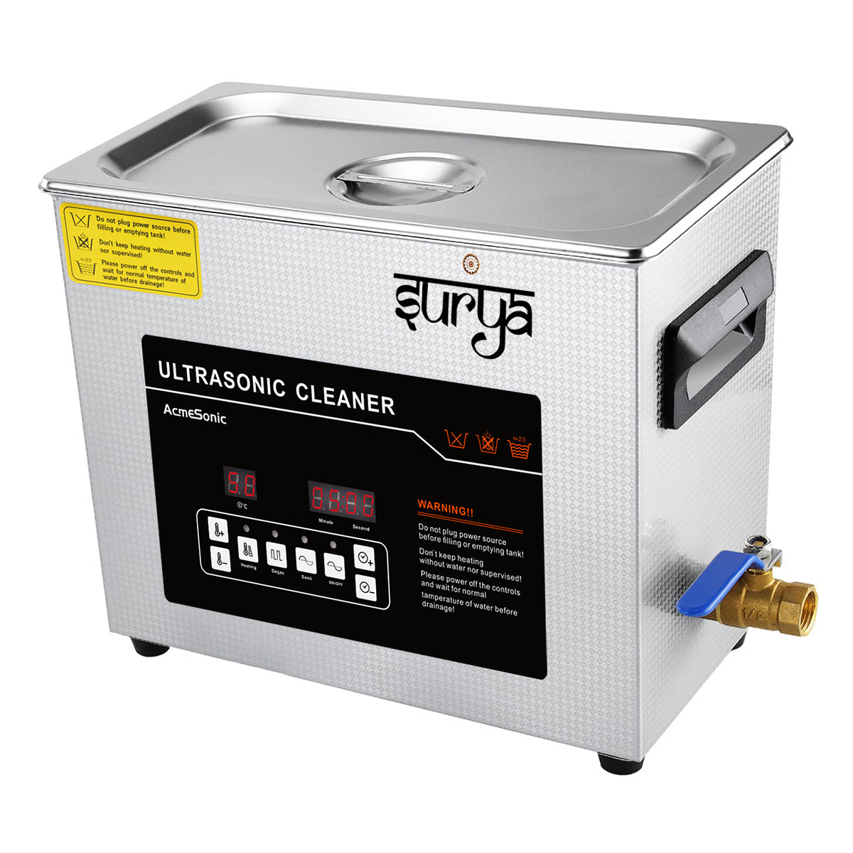 Surya 6L ultrasonic cleaning machine with heater, timer, degas function, and drainage system for jewelry, dental, medical, and PCB cleaning