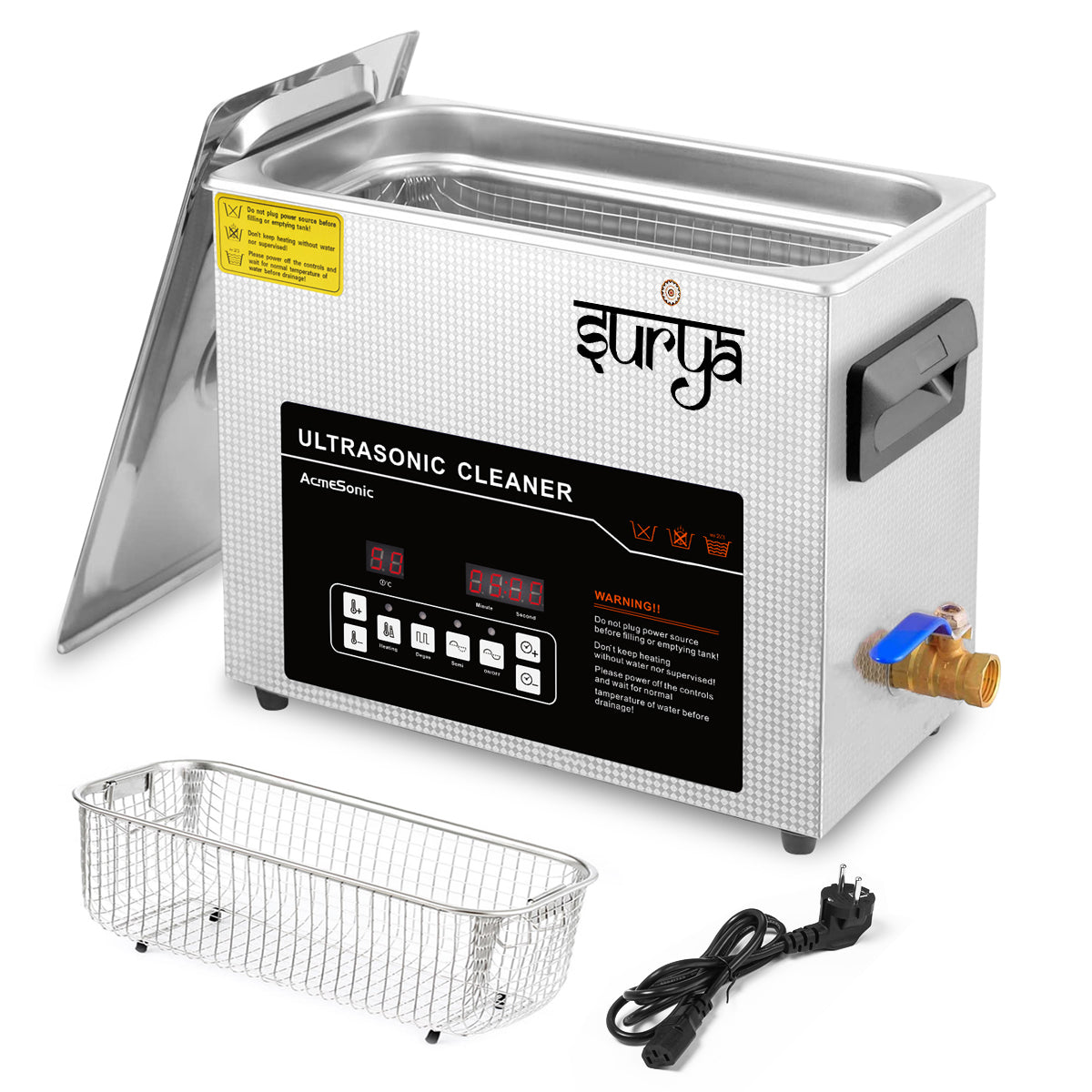 Surya 6L ultrasonic cleaning machine with heater, timer, degas function, and drainage system for jewelry, dental, medical, and PCB cleaning