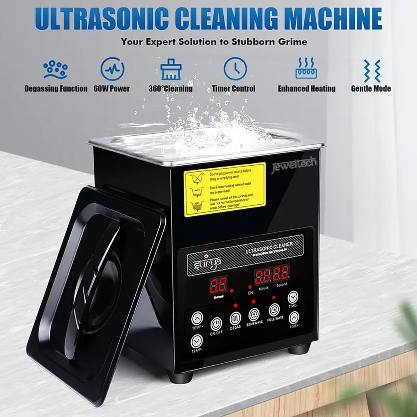 Ultrasonic cleaning machine with features listed on a white background
