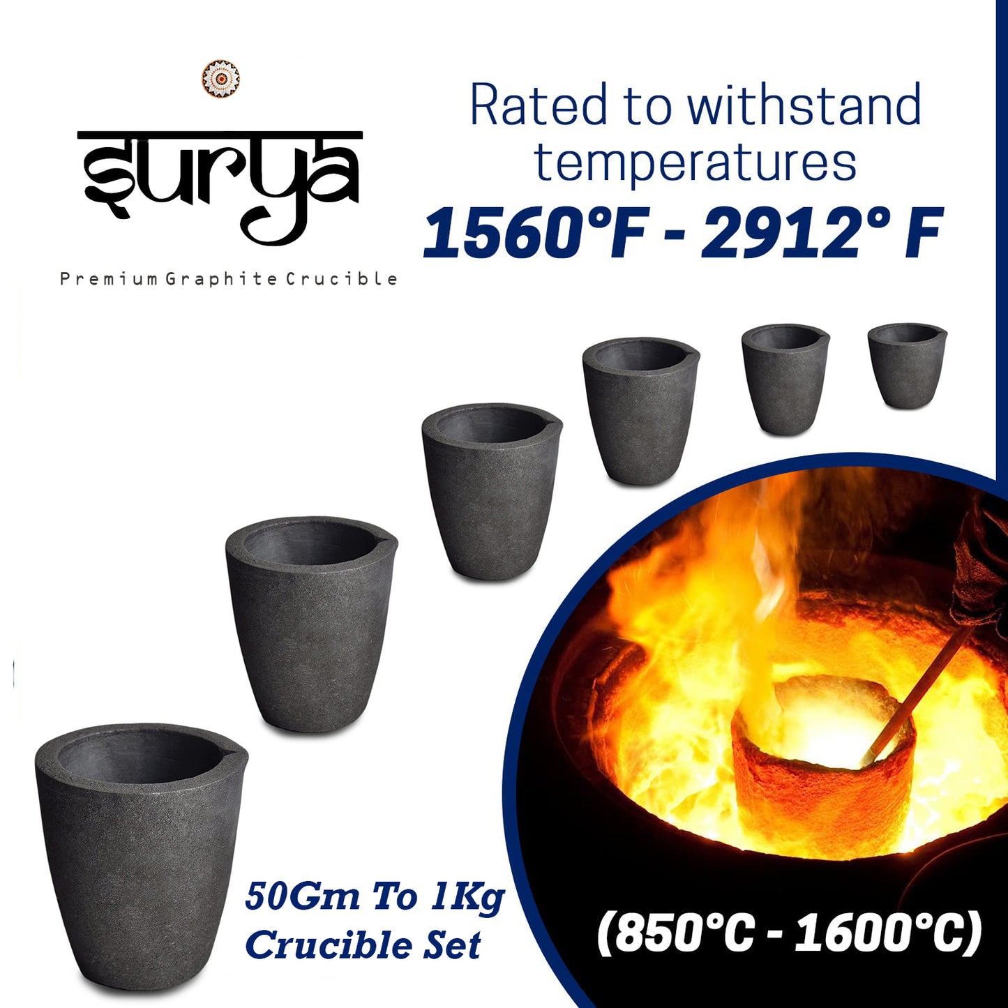 Surya Set of 6 Small Casting Clay Graphite Crucible for Gold Silver Copper Brass Aluminum Melting Surya Set of Small Casting Clay Graphite Crucible (6-Size)-50Gm to 1000Gm All Metal Purpose
