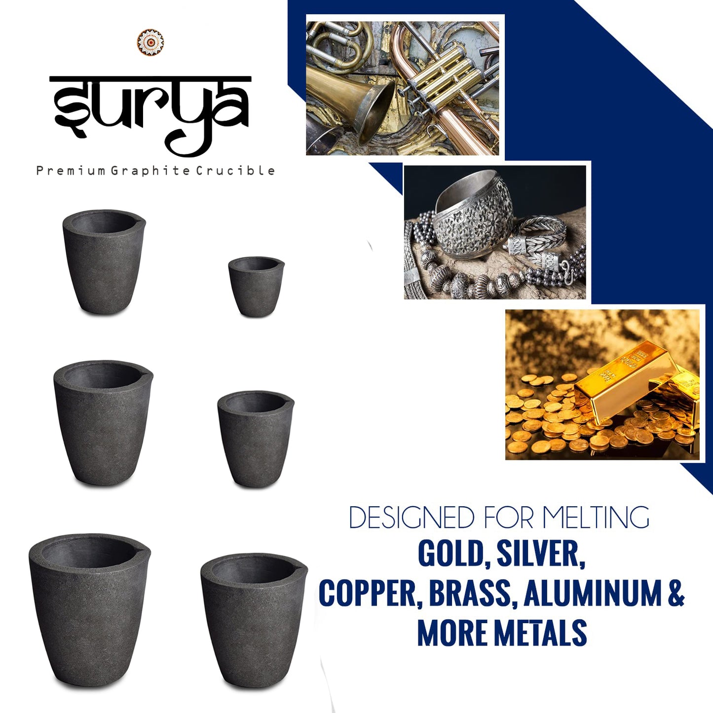 Surya Set of 6 Small Casting Clay Graphite Crucible for Gold Silver Copper Brass Aluminum Melting Surya Set of Small Casting Clay Graphite Crucible (6-Size)-50Gm to 1000Gm All Metal Purpose