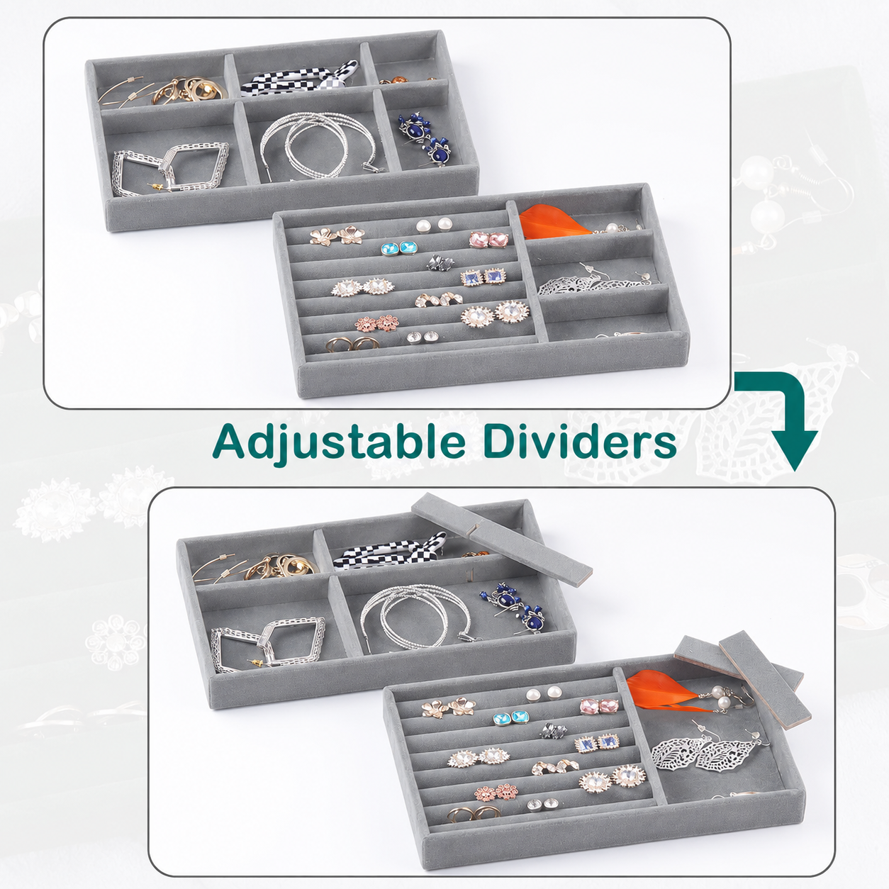 Jeweltech Jewelry Trays Set (5),Grey Velvet Stackable Organizer Trays,Drawer Inserts Jewelry Display Case For Rings Stud Necklaces Earring Organizer Tray