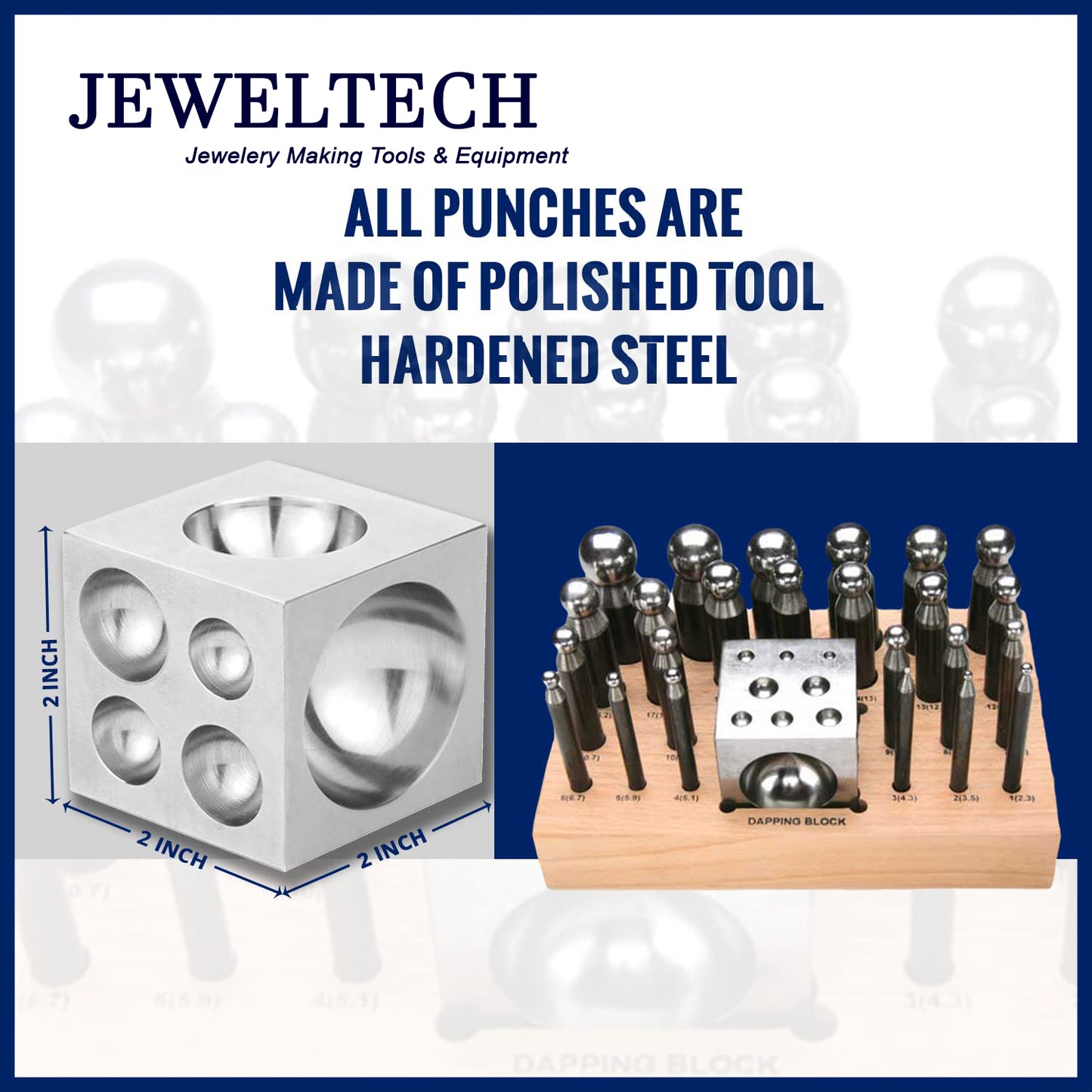 Jewelry forming tools with polished dapping punches arranged on wooden stand