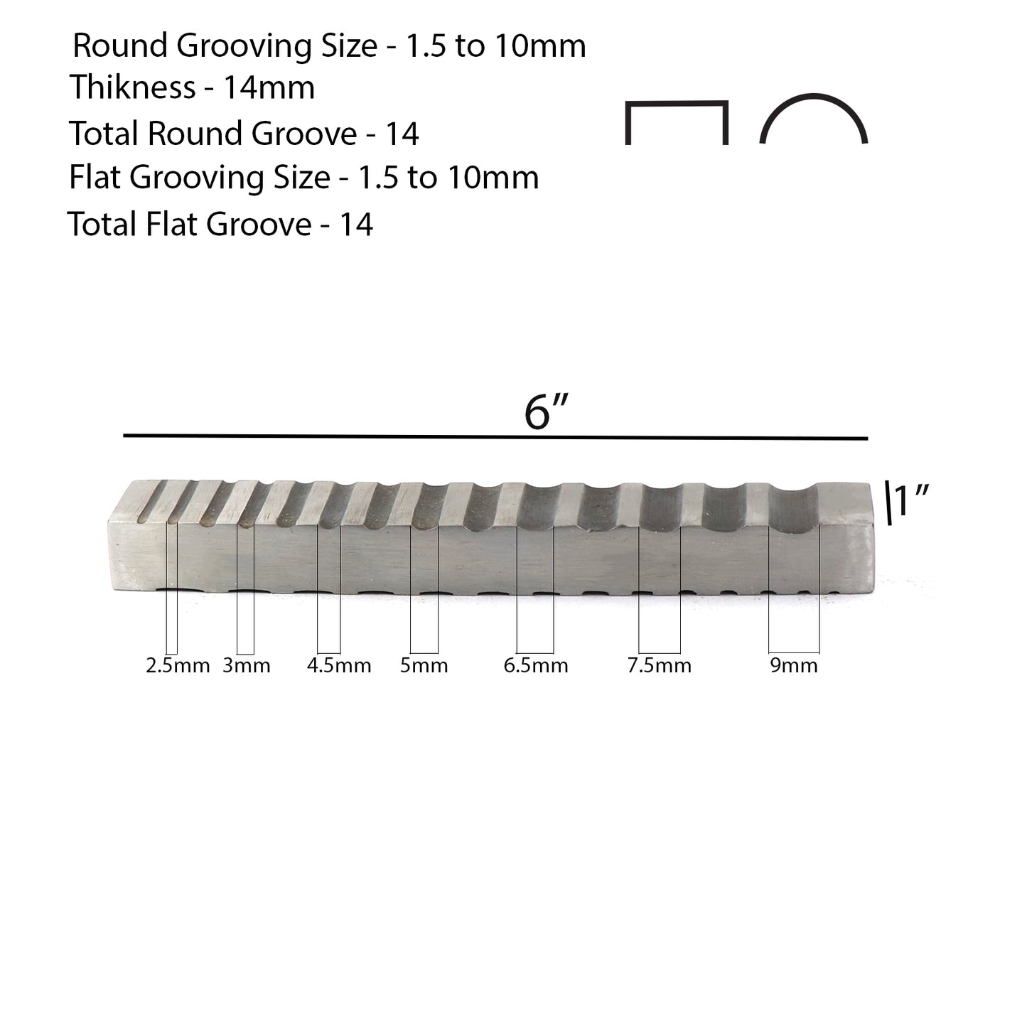 Double side wire forming die with 14 round and 14 flat grooves for gold and silver jewelry making, showing groove sizes from 1.5mm to 10mm on a 6-inch steel block