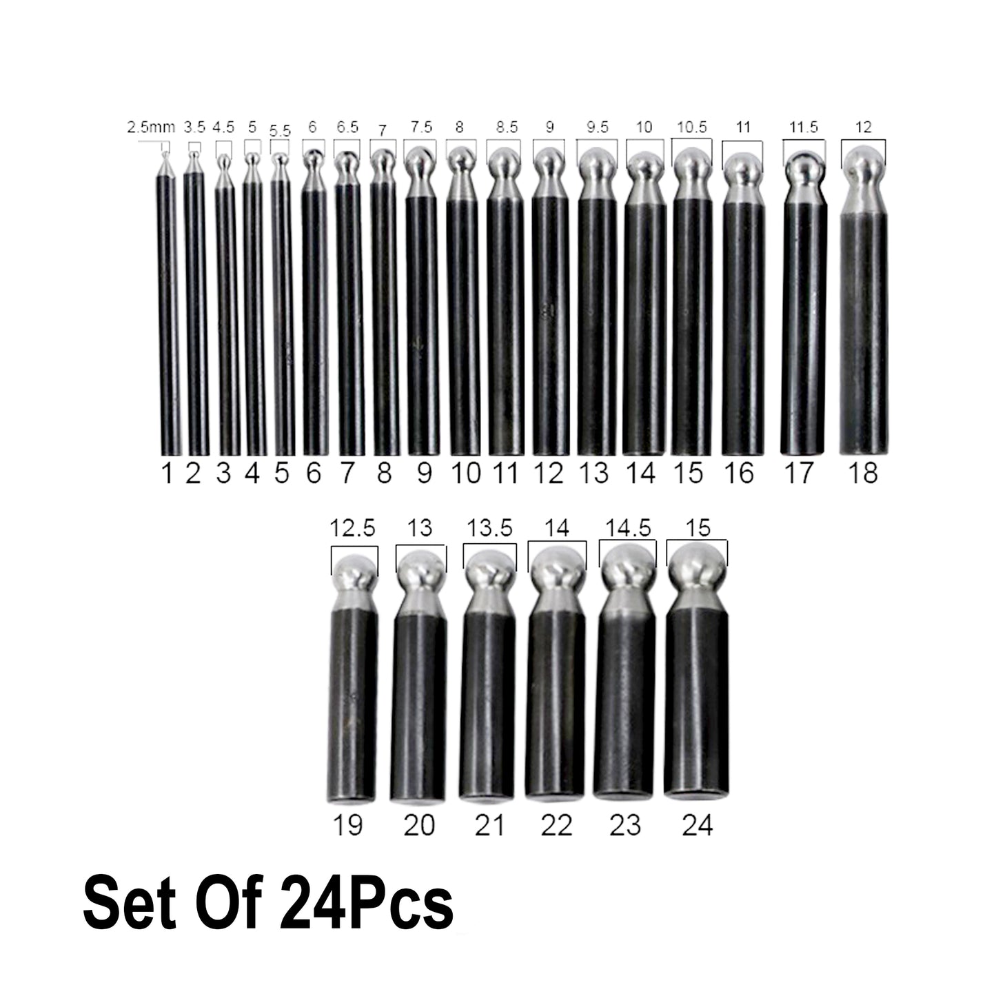 24-piece Jeweltech doming punch set for jewelry and metal shaping, ranging from 2.5mm to 15mm sizes