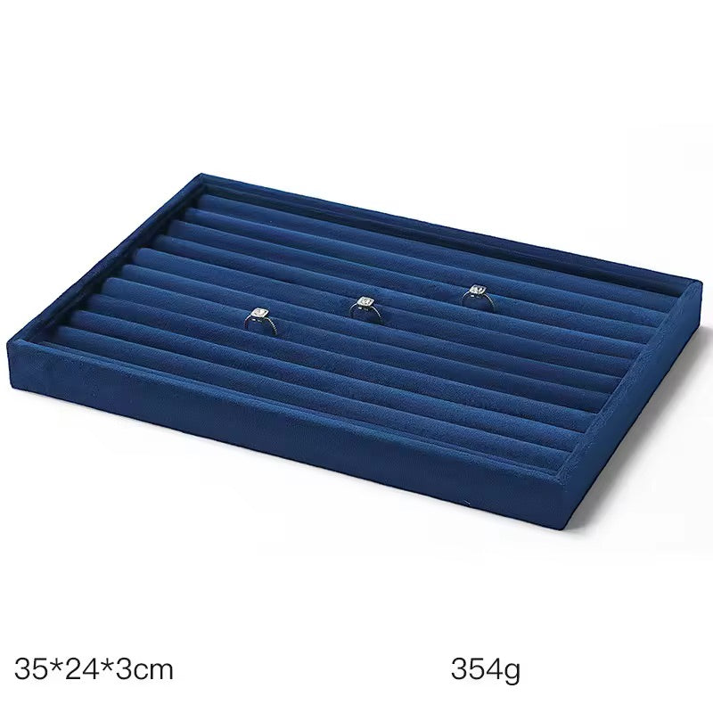 Jeweltech Blue Velvet Ring Display Tray, 10-Lining-Slot Ring Organizer 35x24cm, Ribbed Jewelry Showcase Stand for Rings & Studs, Retail Counter and Home Storage Use