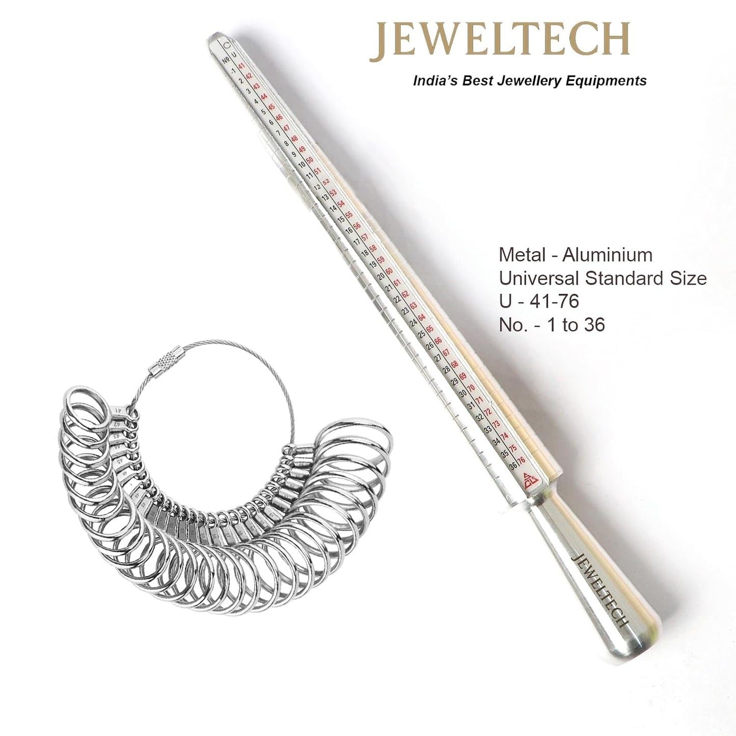JEWELTECH Ring Sizer Measuring Tool Set with Mandrel | Metal Finger Size Gauge Kit (41–61 Sizes) | Jewellery Ring Measurement Tool for Accurate Sizing