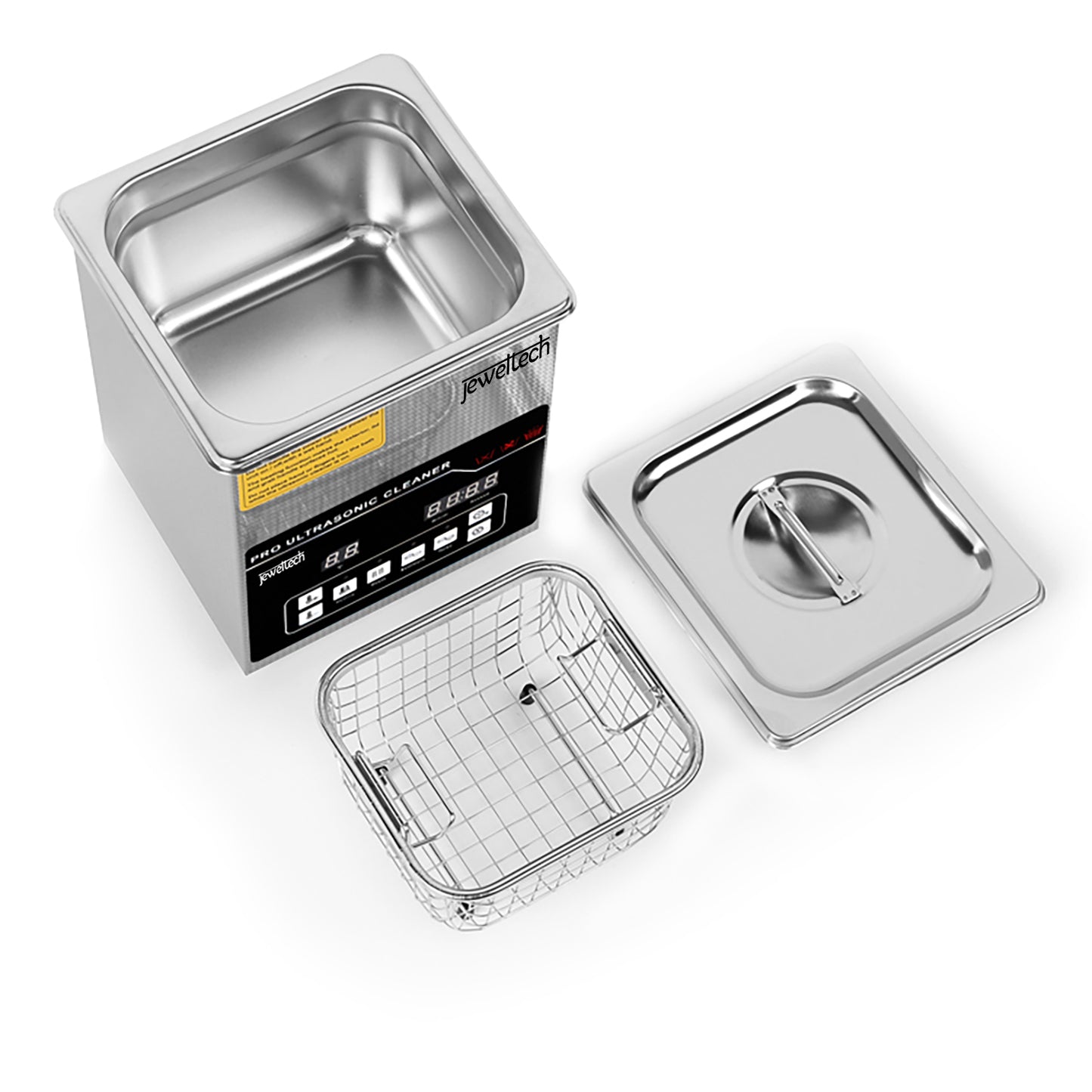 Stainless steel ultrasonic cleaner with cover and basket on a white background