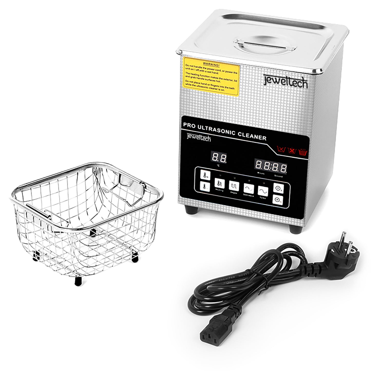Jeweltech ultrasonic cleaner with basket and power cord on a white background