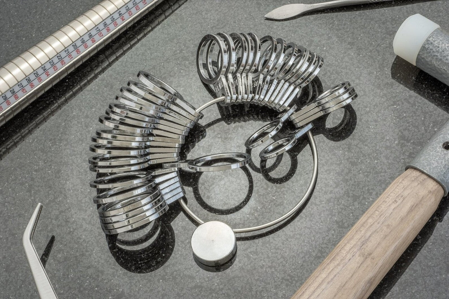 Polished steel ring size gauge set for jewelers and goldsmiths
