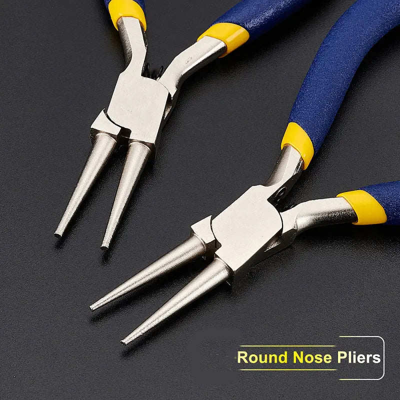Round nose pliers with blue handles on a dark background