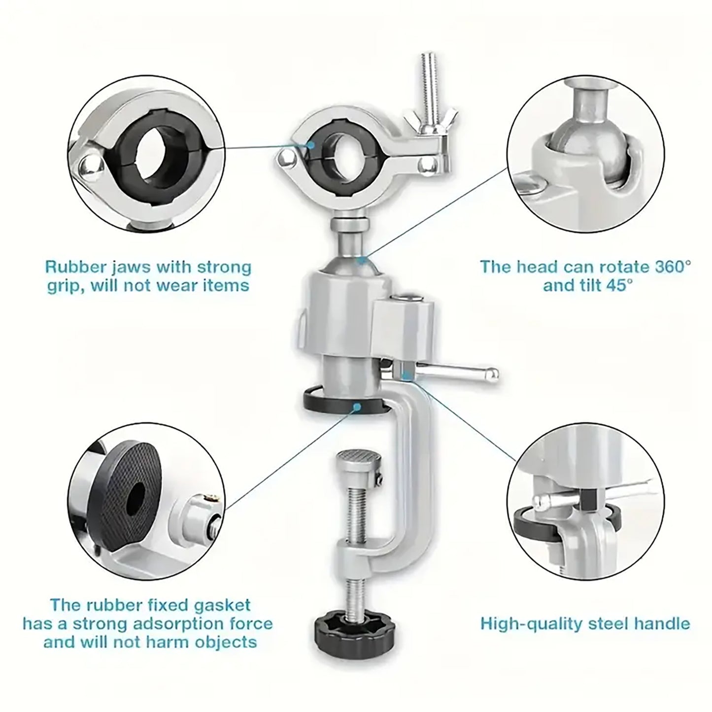 Mechanical clamp with features highlighted on a white background