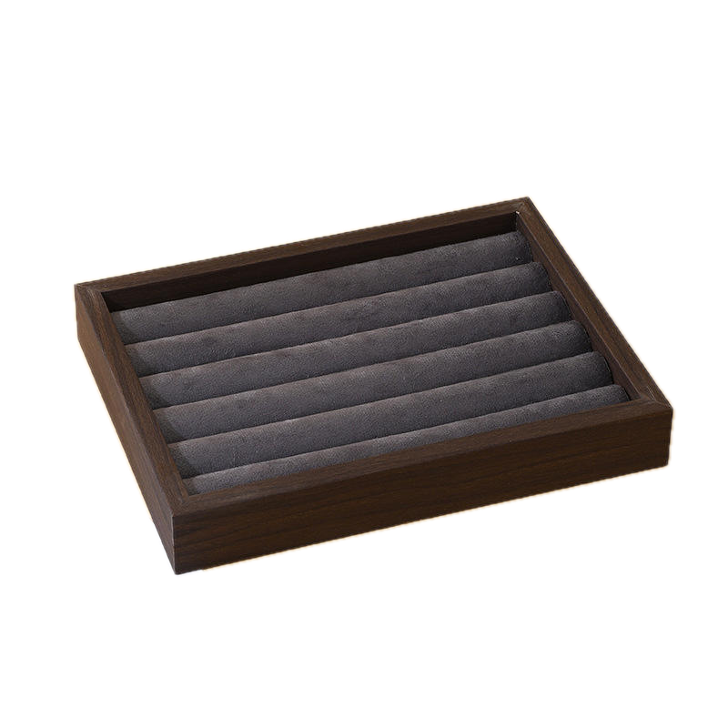 Jeweltech Dark Wood Ring Roll Tray, 7 Slot Grey Fabric Organizer for Rings, Compact Jewelry Display Stand for Home, Travel and Shop Counter Use