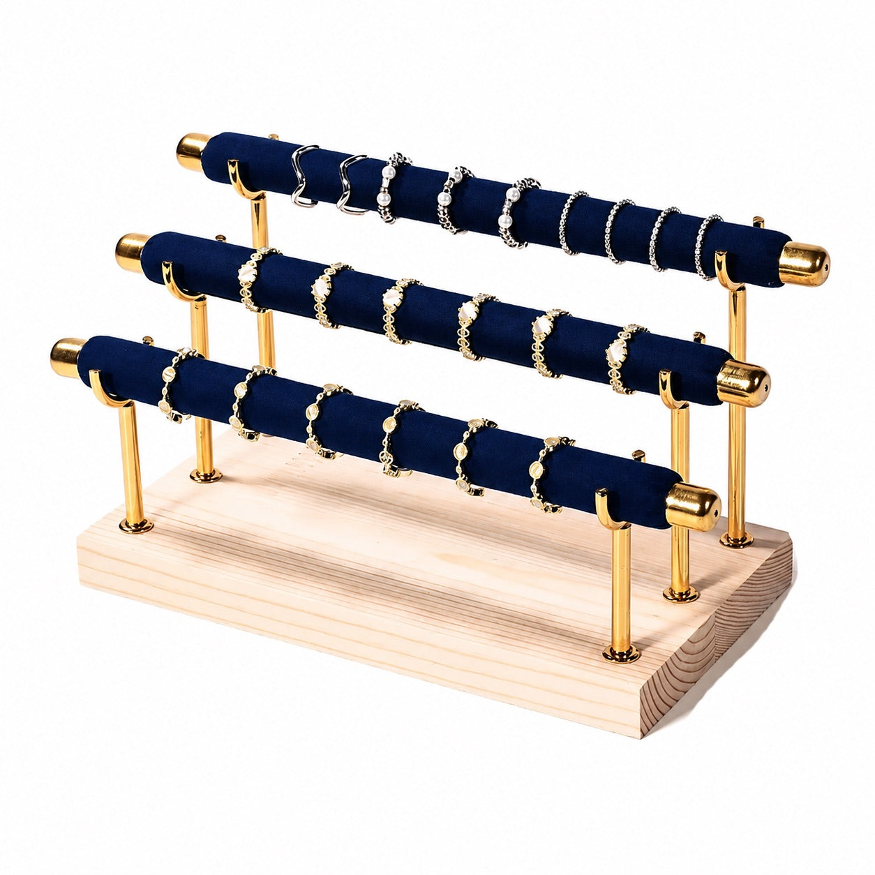 Jeweltech Gold Metal 3-Tier Ring Stand, Teal Fabric Padded Bars on Wood Base, Jewelry Display Stand for Shop and Home Use (Blue)
