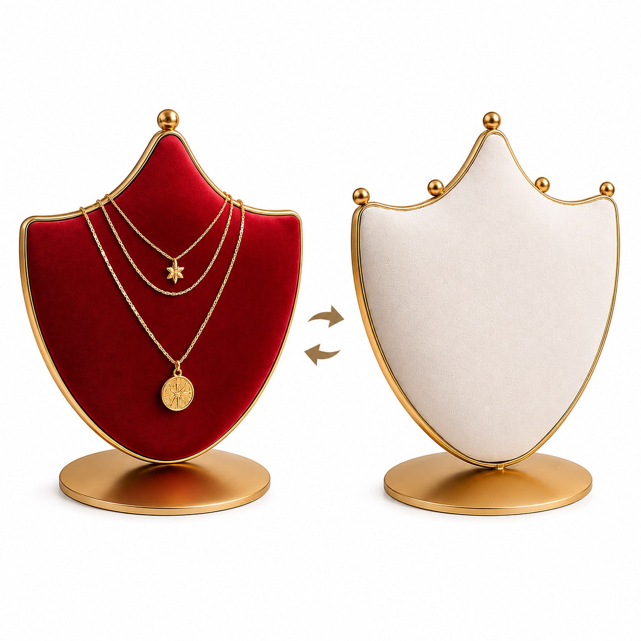 Jeweltech Reversible Necklace Display Bust Stand, 2-in-1 Burgundy and Cream Velvet Jewelry Tower with Gold Base, Showroom Photography and Boutique Presentation Stand