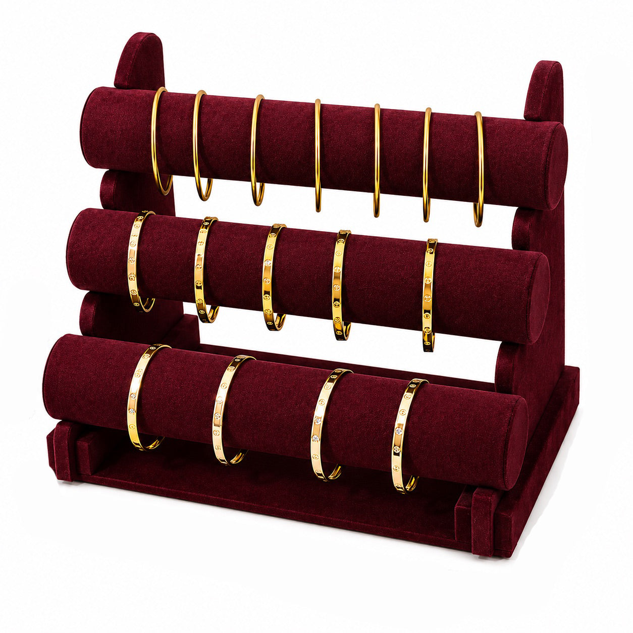 Jeweltech Teal Velvet 3-Tier Bangle Stand, T-Bar Design Holder for Bangles and Bracelets, Large Jewelry Display Stand for Shop and Home, 30x16.5cm