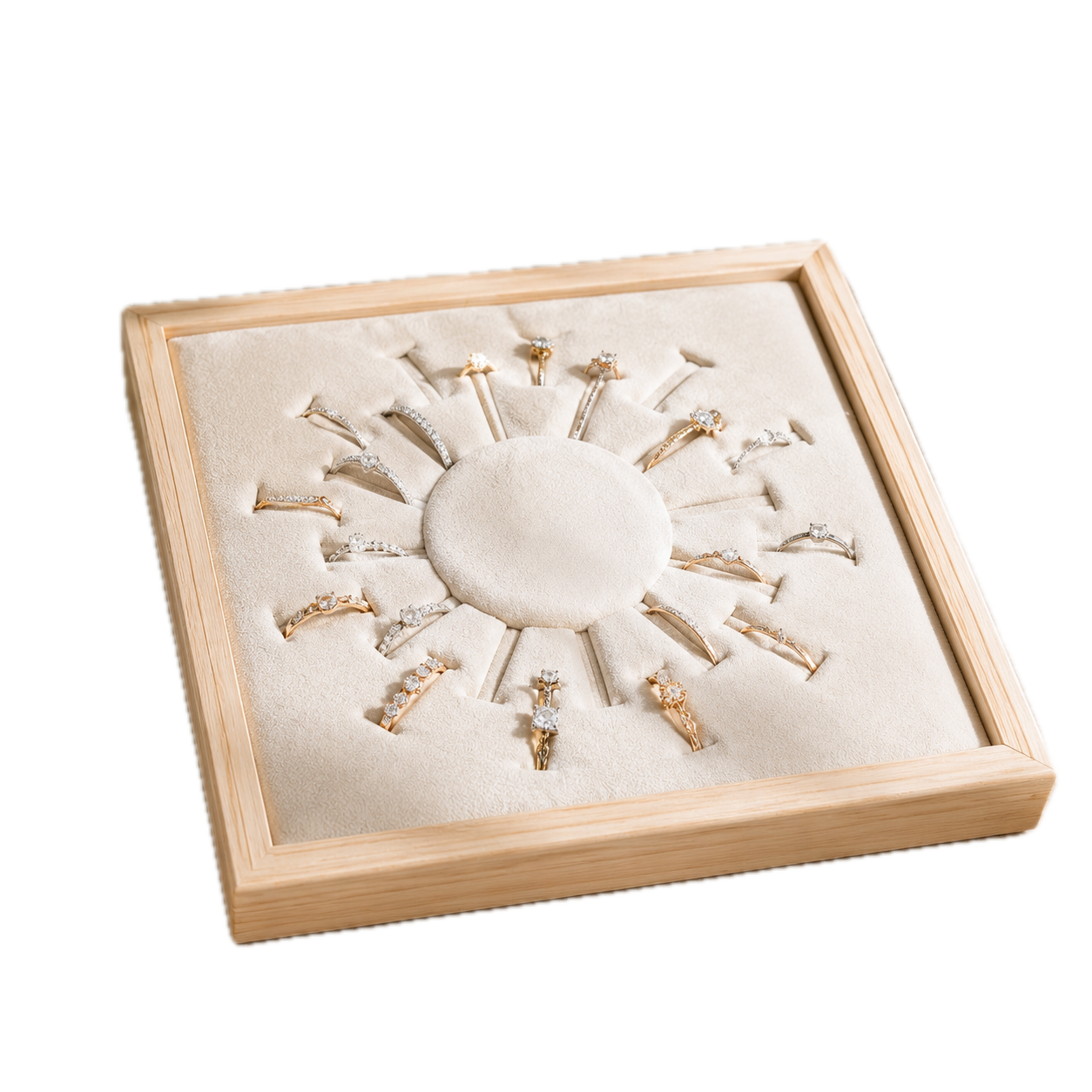 Jeweltech Square Wooden Ring Display Tray, Sunburst Velvet Ring Organizer 17.5x17.5cm, Light Oak Frame Showcase Stand for Rings & Earrings, Boutique and Photography Display