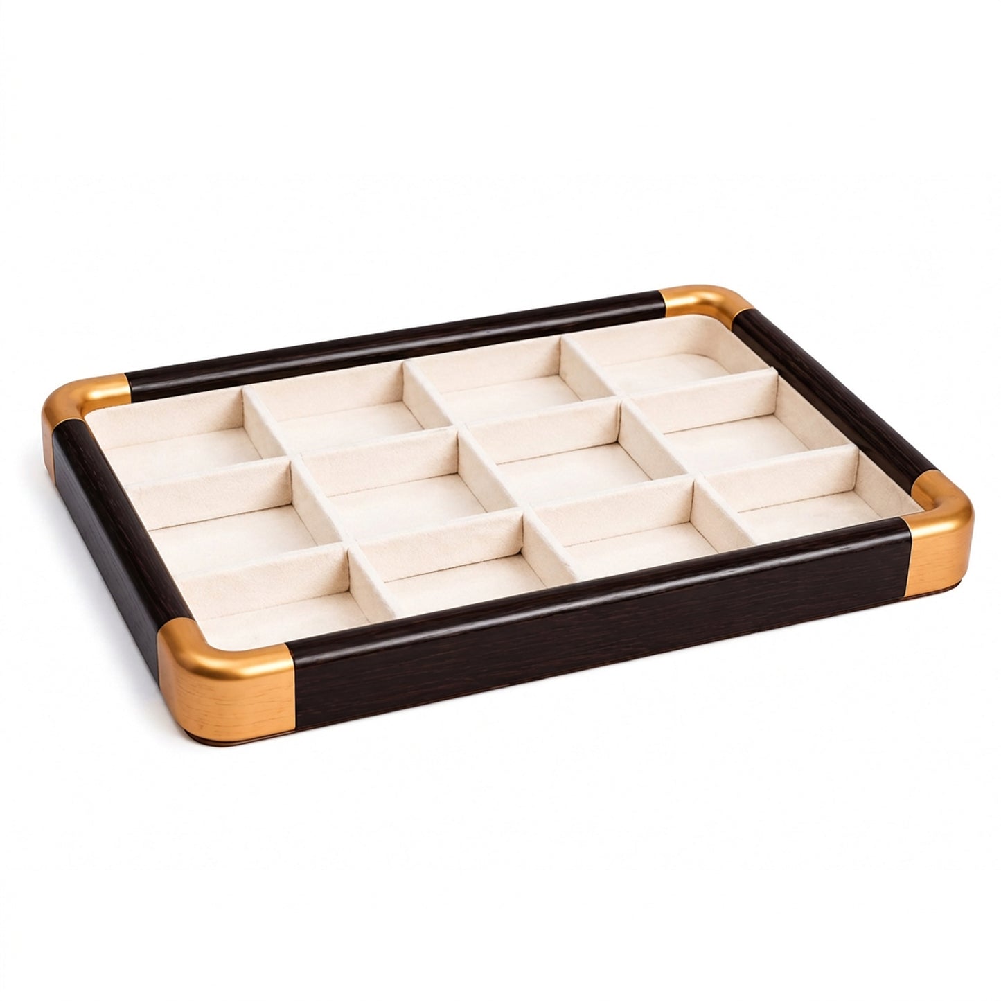 Jeweltech Walnut Wood 3-Tray Stacking Set with Gold Trim, Necklace Chain and Bracelet Organizer Trays, Jewelry Display Set for Shop and Home Storage
