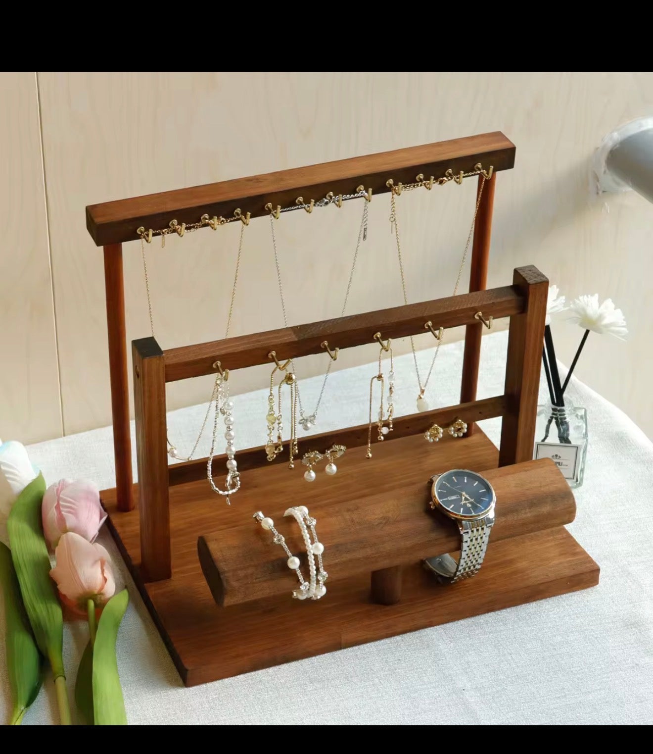 Jeweltech Wooden Multi-Tier Jewelry Display Stand, Hooks for Necklaces and Earrings, Bar for Bracelets and Watch, Tabletop Organizer for Home and Shop