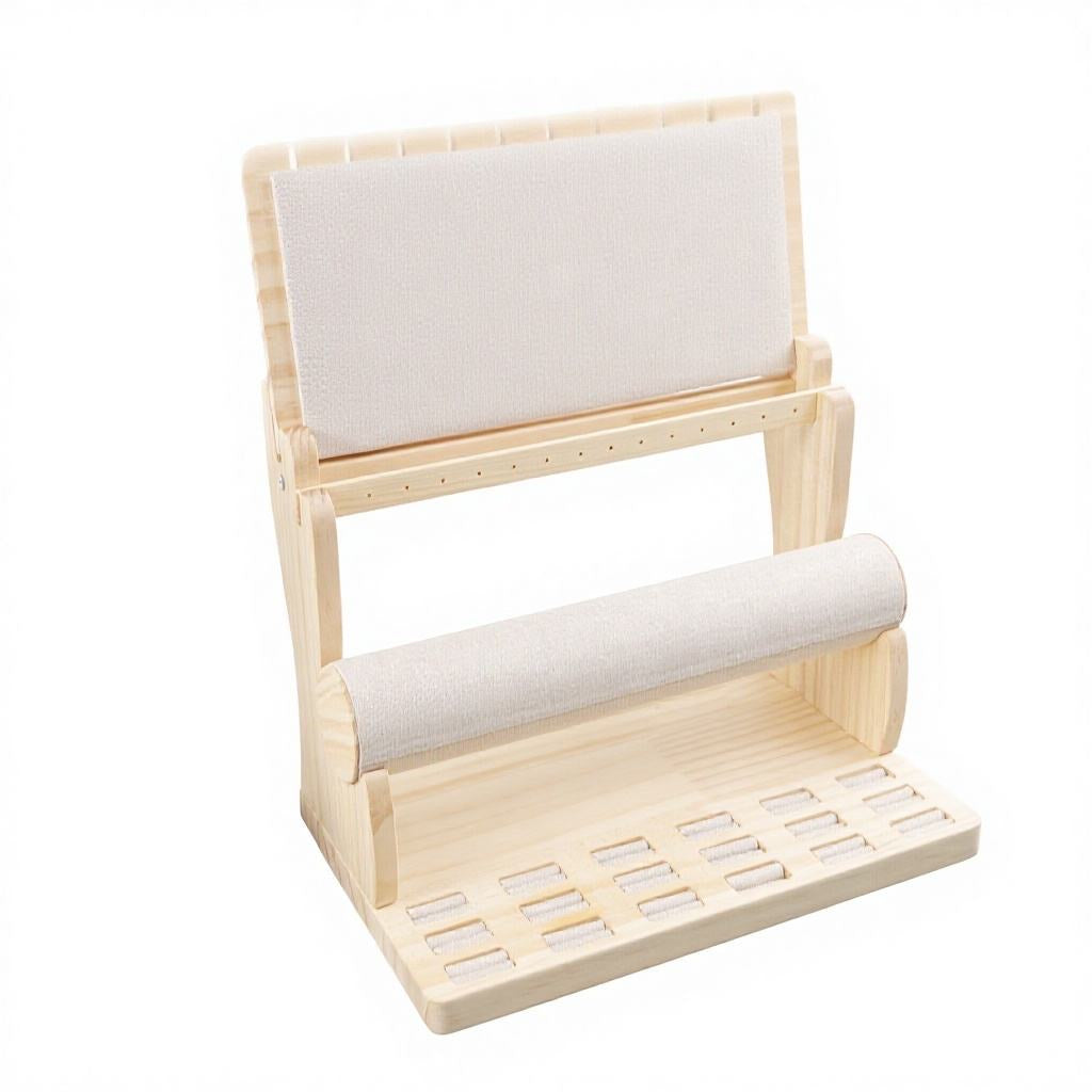 Jeweltech Wooden Jewelry Organizer Stand, Necklace Hooks, Earring Holes, Bracelet Bar and Ring Tray, Complete Jewelry Display for Home and Shop