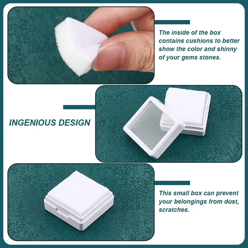 White gemstone display boxes with transparent lids