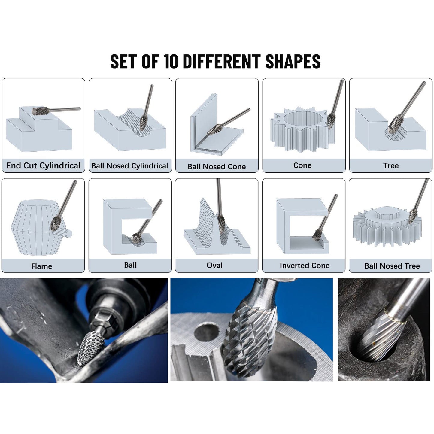 Double-cut carbide burs with spiral grooves for carving, deburring, and detailing hard materials