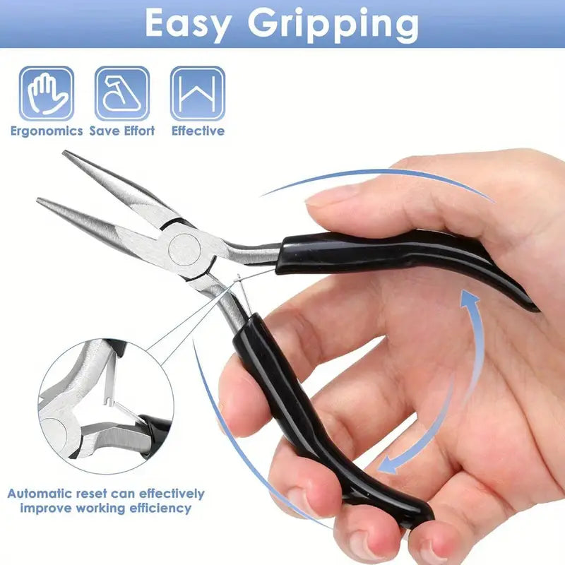 Jewelry tool set including round nose, long nose pliers, and wire cutter