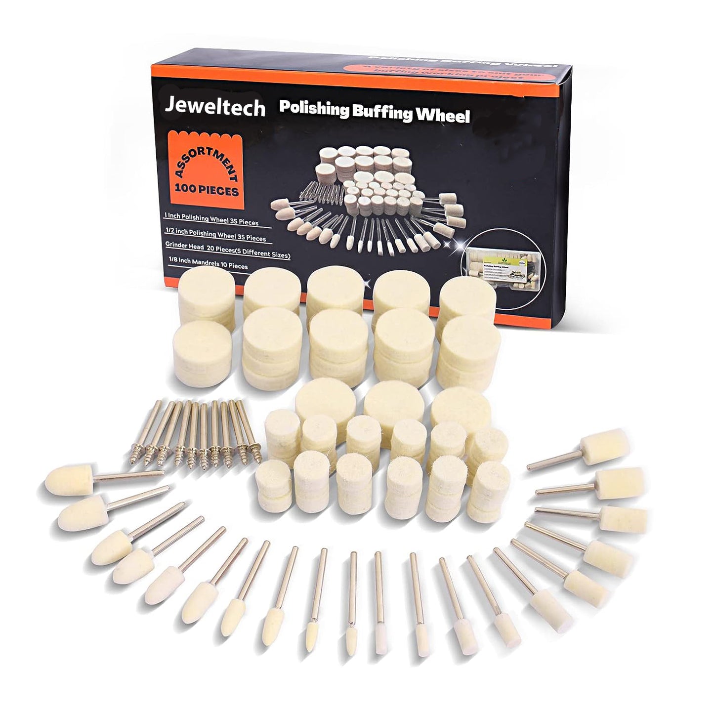 JewelTech 100pcs polishing kit with assorted felt wheels and shapes for jewelry