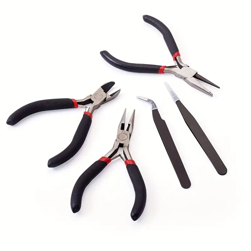 5-piece jewelry tool set including pliers, cutters, and tweezers with red and black handles.