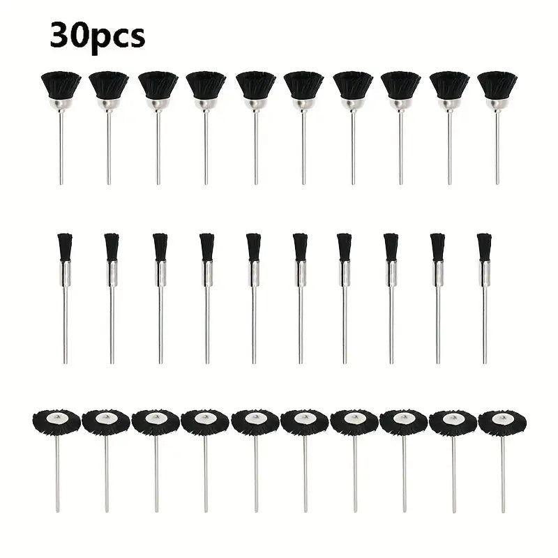 30-piece mini rotary brush set with 10 bowl-shaped, 10 pen-shaped, and 10 T-shaped black wire brushes for jewelry polishing and rotary tool use