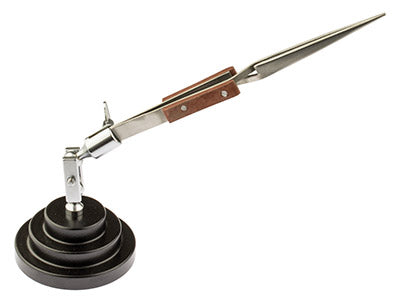 Bench tool with full swivel arm and wood grip reverse tweezers