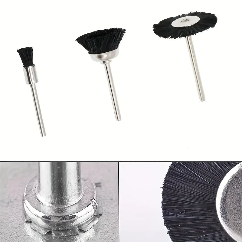 Multi-shape black bristle brushes for detailed metal cleaning and repair