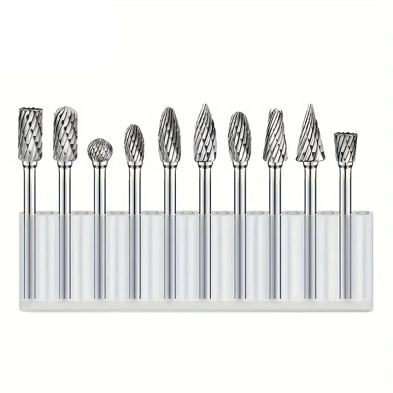 JewelTech 10 Pcs Carbide Bur Set – 2.35mm Shank, Rotary Burrs for Metal, Wood, Stone, Engraving, Grinding