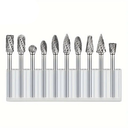JewelTech 10 Pcs Carbide Bur Set – 2.35mm Shank, Rotary Burrs for Metal, Wood, Stone, Engraving, Grinding