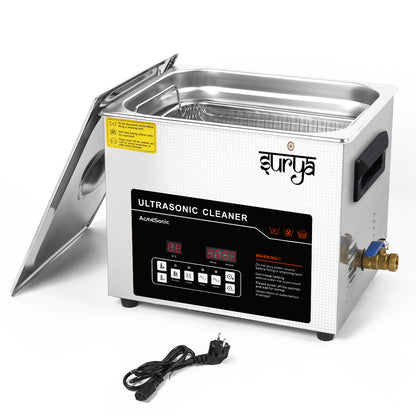 Surya 10L Ultrasonic Cleaner Machine with Digital Timer, Adjustable Heater, Degas Function & Drain Valve