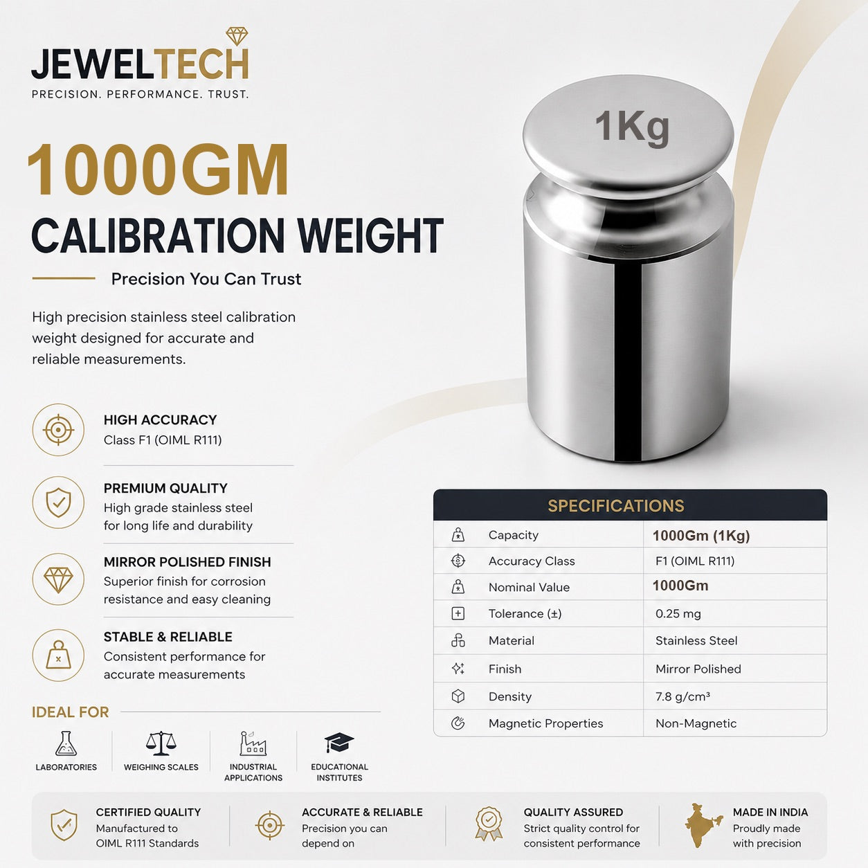 JewelTech 1Kg Stainless Steel Calibration Weight | Class F1 OIML R111 | Mirror Polished | Non-Magnetic | 1000Gm Standard Weight for Lab, Industrial & Commercial Weighing Scales